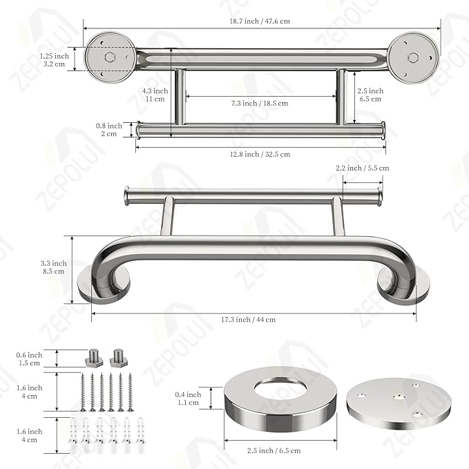 Polished Chrome Grab bar 17 inch - 1.25” Diameter, Zepolu 2-in-1 Bath Towel Bars for Bathroom, Stainless Steel Safety Assist Balanced Support Handle, Wall Mounted Towel Grab Bars for Senior Handicap