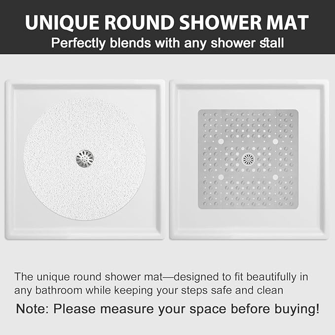 Non Slip Shower Mat: 24x24 inch Round Shower Mats for Inside Shower with Central Drain Hole, Soft Loofah Shower Floor Mat for Standing Shower Stall, RV, Tile Fiberglass Shower Pan, Quick Dry