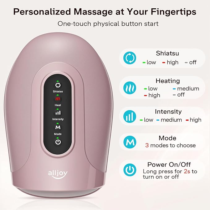 ALLJOY Roller Kneading Hand Massager for Arthritis and Carpal Tunnel Relief, Cordless Electric Hand Massager with Heat and Compression for Finger Numbness, Mothers Day Gifts for Women and Men (Pink)