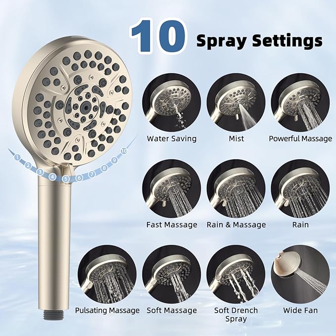 All Metal Rain Shower Head, 10” High Pressure Rainfall Shower Head with Handheld, 5" Large Handheld Showerhead Powerul Wash 10-Spray, 16" Shower Extension Arm Adjustable Height/Angle, Brushed Nickel
