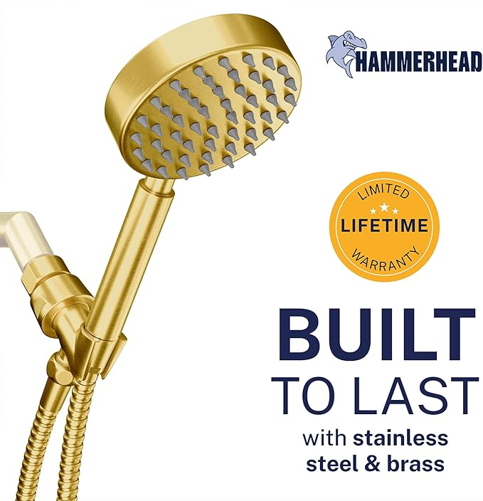 HammerHead Showers® Solid Metal Handheld Shower Head with Hose and Brass Holder - BRUSHED GOLD - 2.5 GPM High Pressure Shower Heads with Adjustable Shower Wand Bracket - 6ft Flexible Extension