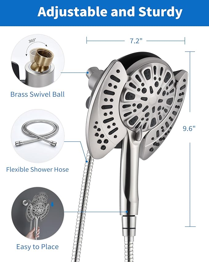 INAVAMZ 2-in-1 Shower Head with Handheld Combo: 2.5GPM Rainfall Shower Head & Detachable Shower Head Use Together or Alone, 9 Spray Settings Hand Held Showerhead with Hose, Nickel