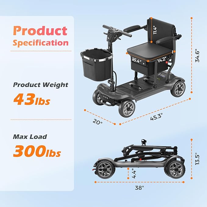 Lightweight Mobility Scooter for Adults & Seniors - Cruise & Airport Approved, 43lb Foldable Portable Motorized Scooters with Dual Lithium Batteries for 24.8 Miles Travel, 300lb Capacity, Black