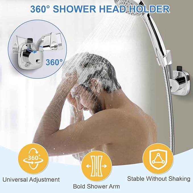 Shower Head Holder,360° Adjustable Shower Holder for Wall RV,Removable Suction Cup Handheld Shower Head Holder,Waterproof Shower Handle Holder,No Drill,Bathroom Accessories,Polished Chrome