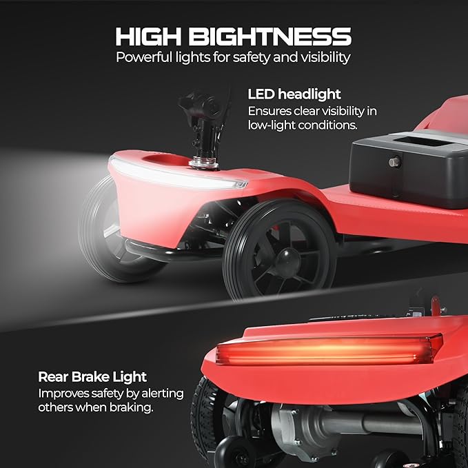 Metro Mobility 4 Wheel Powered Mobility Scooters, 330 lbs Capacity Mobility Scooters for Adults, Folding Mobility Scooter Lightweight, Electric Scooters for Seniors 20 Miles Range LED Light Red