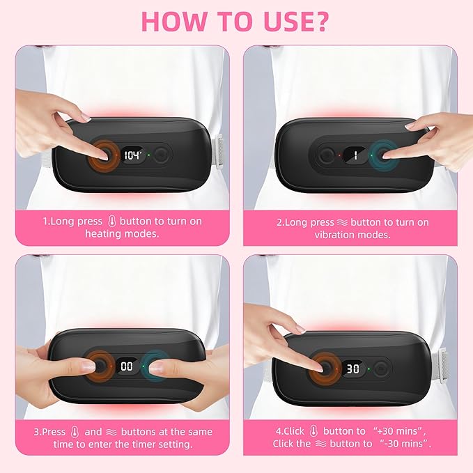 Portable Heating Pad Period Cramps: 2 Timer 6 Heat Levels 6 Vibration Modes Cordless Electric Heating Pad 3s Fast Heating Menstrual Heating Pad (Black)