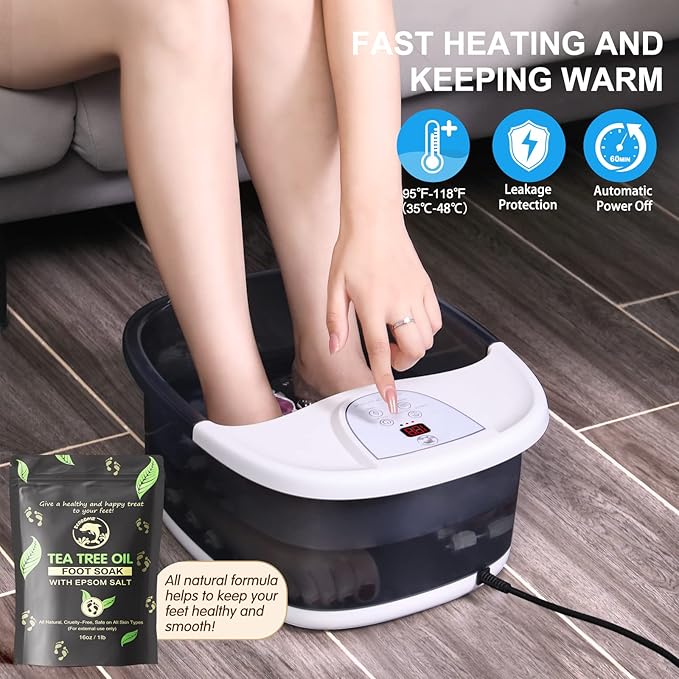 ECARBME Foot Spa Bath Massager with Heat, Foot Bath with 22 Massage Rollers, Temperature Control, Jets, Bubbles, Epsom Salt and Vibration, Pedicure Foot Spa for Relaxation - Black