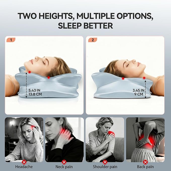 2-Pack Cervical Neck Pillow for Neck Pain Relief,Ergonomic Memory Foam Contour Pillow with Wrinkle-Resistant Silky Satin Fabric Cover,Orthopedic Bed Pillow for Side,Back,Stomach Sleepers,Blu