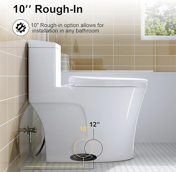 HOROW T0338W One Piece Toilet 10" Rough-in, Elongated Toilet with Comfortable Seat Height, ADA Chair Height 17.3", Dual Flush 0.8/1.28 GPF, Standard White Toilet Bowl, Space Saver Design