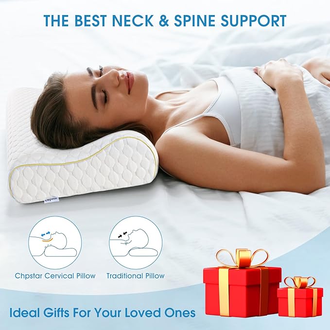 Memory Foam Pillows, Cervical Neck Side Sleeper Pillow, Bed Contour Pillow for Sleeping, Ergonomic Orthopedic Pillow for Back Stomach Sleeper, Queen,Gold