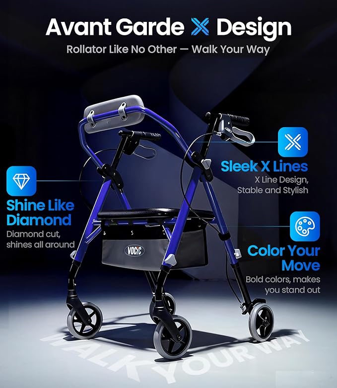 VOCIC Walkers for Seniors, Z11 Rollator Walker with Seat, Max 380 lbs, Avant Walkers with Ergo Seat & Backrest, Foldable Rollator Adjustable Height, All Terrain Walker, Lightweight