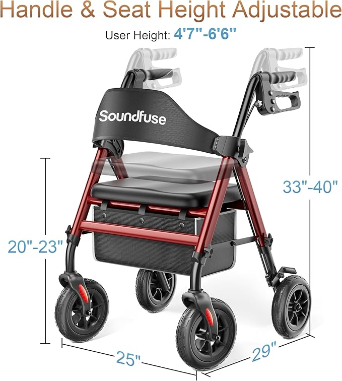 SOUNDFUSE Rollator Walkers for Seniors with Seat, Foldable Lightweight Rolling Walker with 8" Big PU Wheels, Ergonomic Seat, Dual Height Adjustment