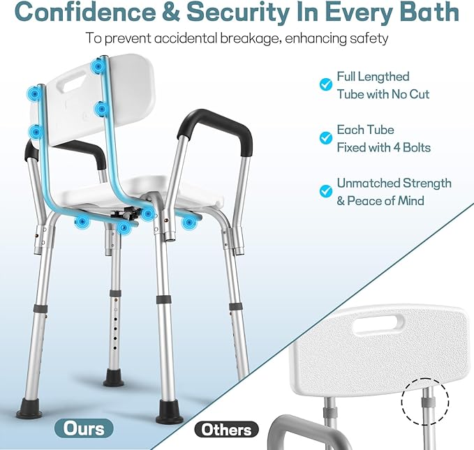 Shower Chair for Elderly and Disabled with Padded Armrests and Back, Adjustable Height Shower Seat, Tool-Free Heavy Duty Shower Chairs for Inside Shower, Handicap