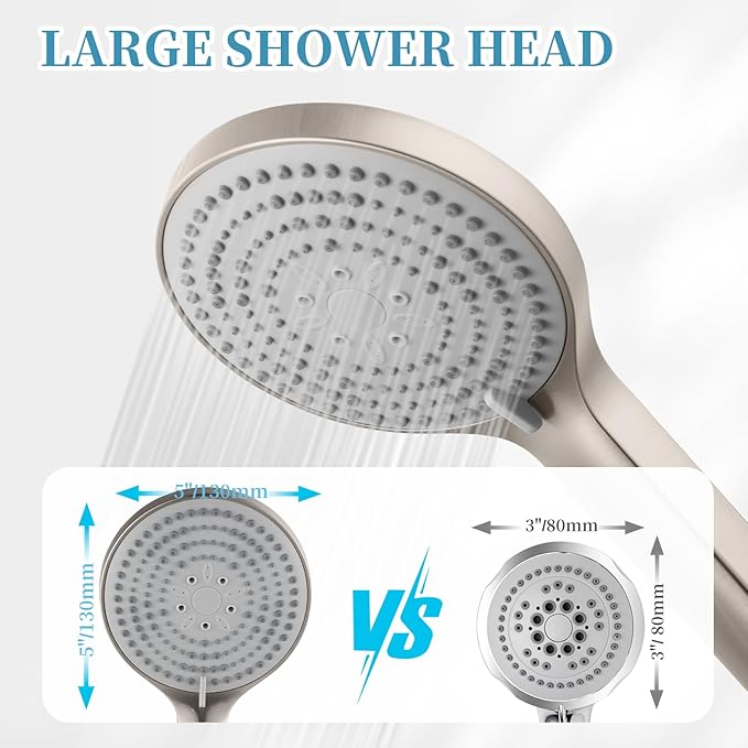 OFFO Handheld Shower Head Set, 6-Mode Brushed Nickel High Pressure Handheld Sprayer with 60" Stainless Steel Hose & Holder, High Flow Large Powerful Boosting Handheld Showerhead for Low Water Pressure