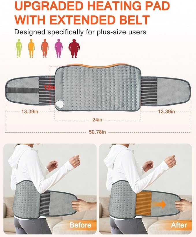 Heating Pad for Back Pain Relief, Extra-Large 12"x24"+26" Extendable Electric Heating Pad for Period Cramps with Belt, Auto Shut Off, Machine Washable, Portable Moist Heating Pad for Women & Men