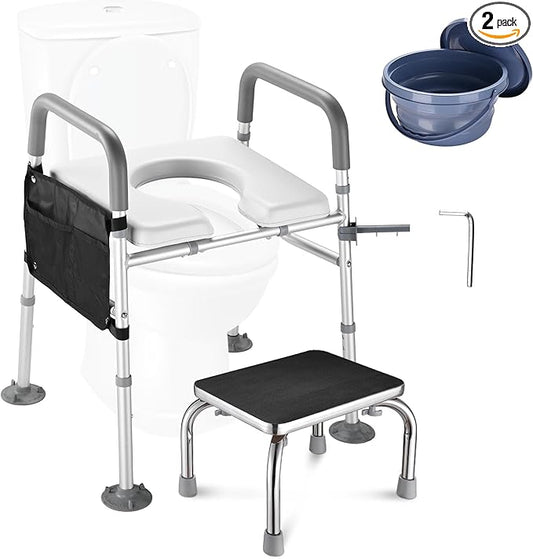 Yescom Raised Adjustable Toilet Seat with Steel Step Stool Bedside Commode for Elderly Seniors Disabled Handicapped
