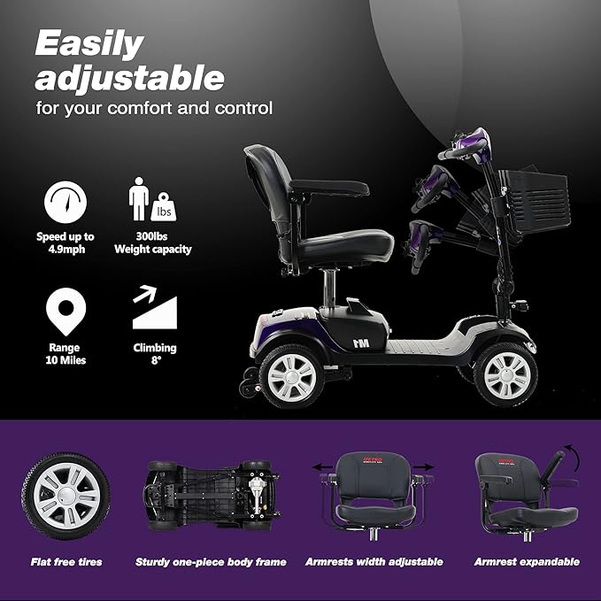 Metro Mobility 4 Wheel Folding Mobility Scooters for Seniors - 300 lbs Capacity Electric Scooter with Seat for Adults, Travel - Front & Rear LED Light - Purple