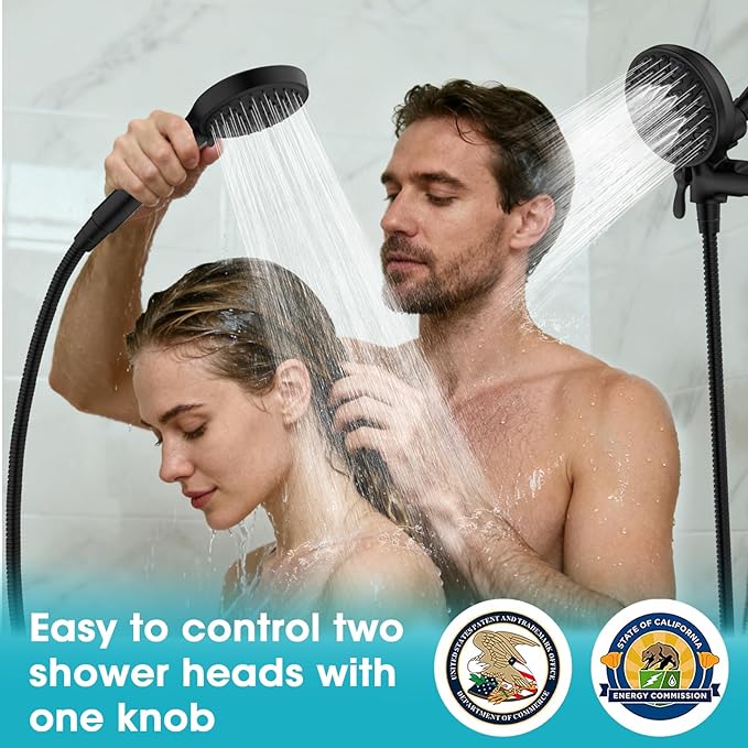 FASDUNT Dual Handheld Shower Head Combo, Enjoy 6-Setting Rain Showerhead and 6-Setting Hand Held Shower Separately or Together, 2 in 1 Showerhead with 80" Extra Long Stainless Steel Hose, Black