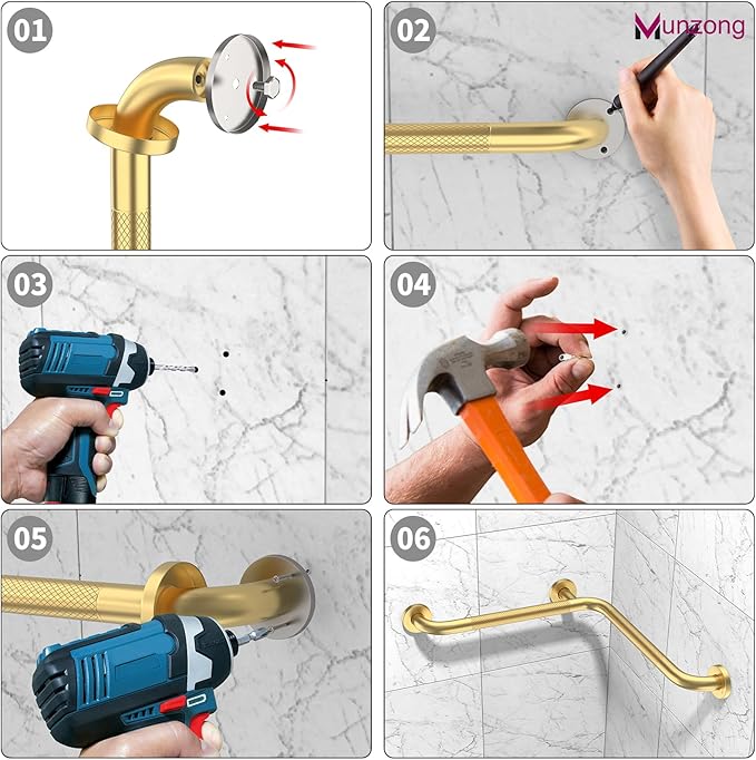 Shower Grab Bar, 16 Inch Angled Munzong Anti Slip Gold Bathroom Grab Bar, L-Shaped Knurled Balance Bar, Safety Hand Rail Support Injury Senior Assist Bath Handle Handicap Elderly