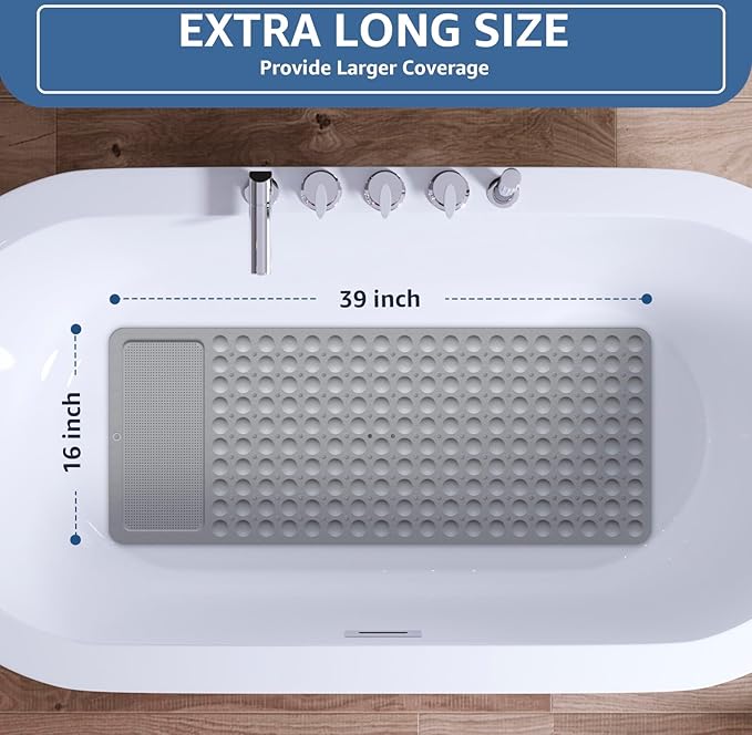 Yolife Bathtub Mat Non Slip, Shower Foot Scrubber Mat, 39 x 16 inch Extra Long Bath Mat for Tub Non Slip with Suction Cups Drain Holes, Shower Mat with Foot Scrubber, Machine Washable(Light Grey)