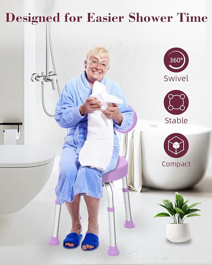 Swivel Shower Chair, 360° Non-Slip Shower Seat with Backrest for Elderly and Disabled, Height Adjustable Rotating Tub Bench for Seniors Bathroom Inside Shower with Compact Frame (Purple)