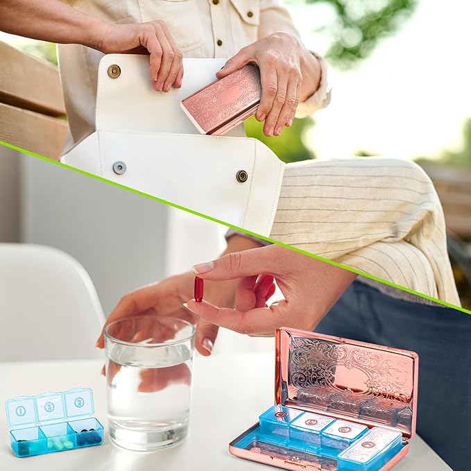 Pill Organizer with 3 Compartments 7 Day Metal Pill Box for Fish Oil/Food Supplements Travel Pill Box. (Rectangle-Pink, Large Rectangle)
