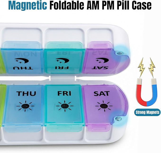 Weekly Pill Organizer 2 Times a Day, Magnetic Foldable AM PM Pill Box with Dual Protection, Large Travel Medication Case for Vitamins, Fish Oils, Supplements (Rainbow Color)