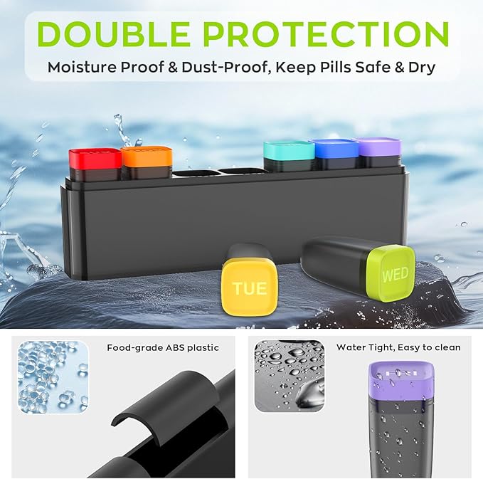 Weekly Pill Organizer 1 Time a Day, HIONXMGA Portable Travel Pill Box 7 Day, Large Once Daily Pill Case Holder, Color-Coded Pills Container Dispenser for Medication Vitamin Supplement Fish Oil, Black