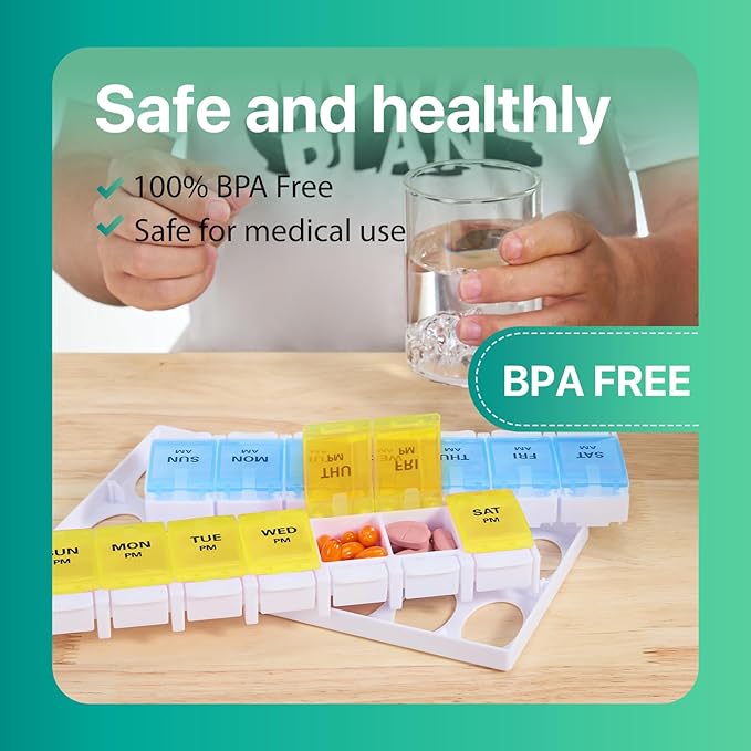 Sukuos AM PM Weekly Pill Organizer 7 Day, 2 Times A Day Medicine Pill Box with Easy Push Button, BPA Free Vitamin Cases for Fish Oil/Supplements, Easy to Clean (Yellow&Blue)