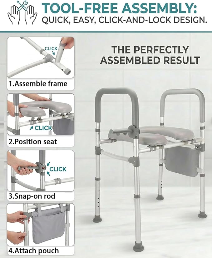 Toilet Riser Seat, Adjustable Height & Width, Aluminum Alloy Frame & Soft Leather Seat, Elderly Toilet Chair with Storage Shelf & Tissue Holder, Anti-Slip Feet, 330lbs Capacity for Seniors
