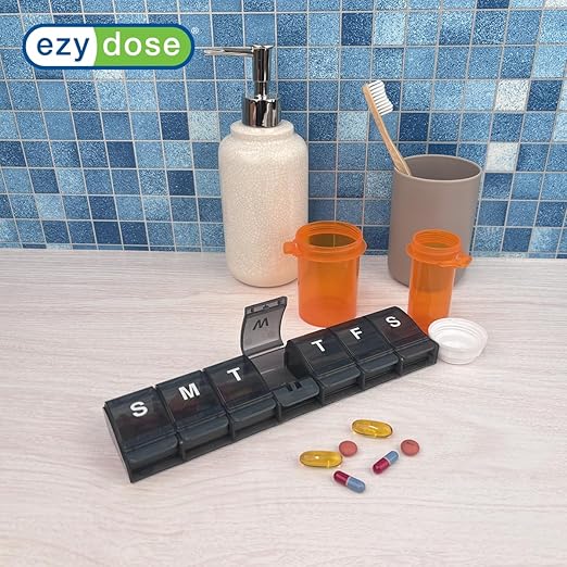 EZY DOSE Weekly (7-Day) Pill Case, Medicine Planner, Daily Vitamin Organizer Box, X-Large Push-Button Compartments, Convenient and Easy to Use, Arthritis Friendly, Transparent Lids, Black, BPA Free