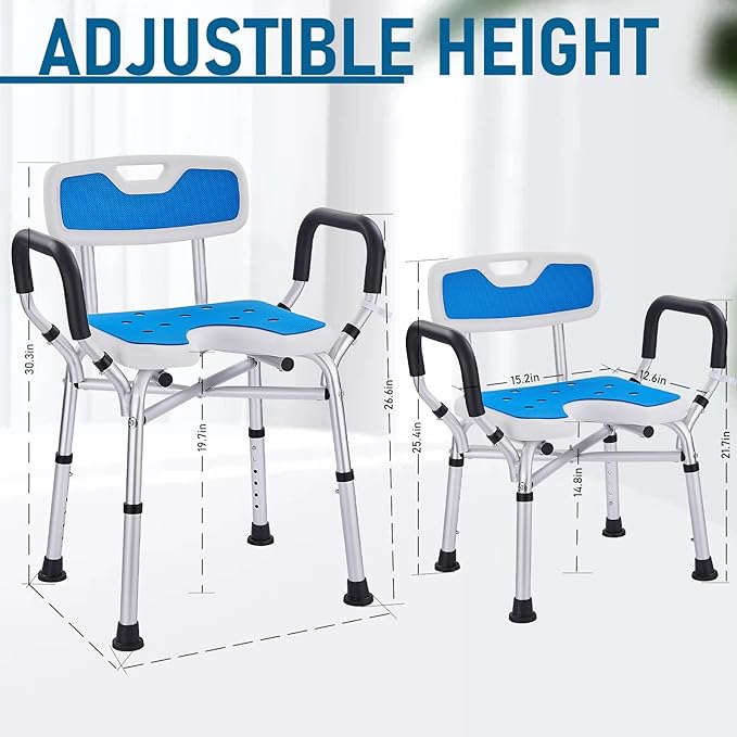 Shower Chair for Elderly and Disabled: U-Shape Shower Seat with Non-Slip Silicon Pad for Bariatric with Arms & Back, Height Adjust & 500lbs Heavy Duty Shower Chair for Inside Shower