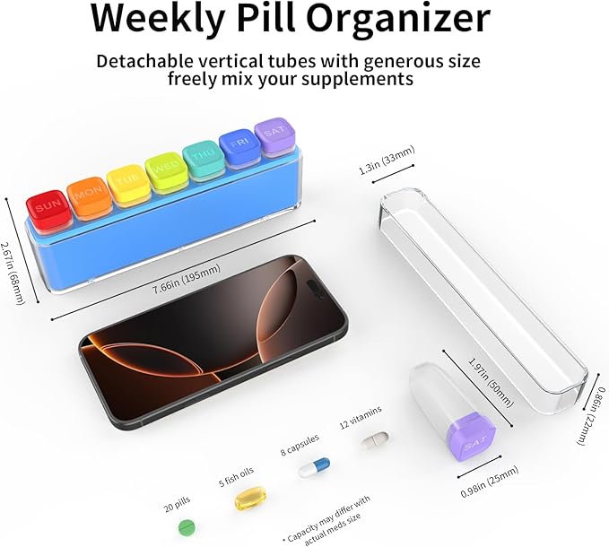 Weekly Pill Organizer 1 Time a Day, HIONXMGA Portable Detachable Travel Pill Box 7 Day, Large Once Daily Pill Holder Case, Color-Coded Dispenser for Vitamin Medicine Supplement Fish Oil, Blue