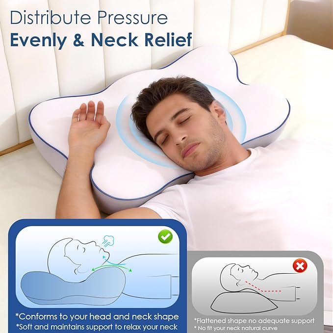 The Original Patented Cervical Neck Pillow for Pain Relief, Ergonomic Neck Support Pillow with 3D Ice-Silk Mesh Cover and Oeko-TEX Memory Foam, Orthopedic Pillow for Back Stomach Sleepers (White)