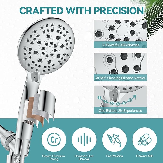 High Pressure Shower Head with Handheld, JDO 6 Spray Settings Handheld Showerhead, 4.3" High Flow Rain Showerhead Set with 59" Stainless Steel Hose and Adjustable Bracket for Bathroom, Gym, Hotel