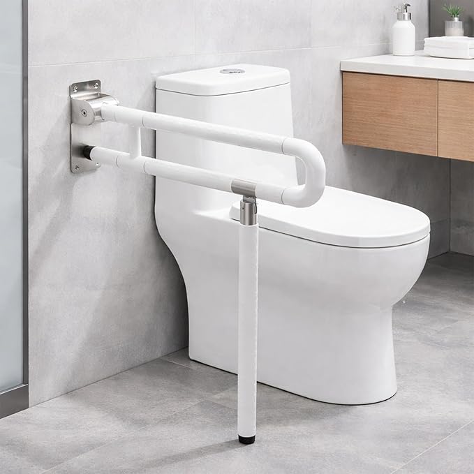 23.6" Flip-Up Toilet Grab Bar with Support Leg, Stainless Steel Bathroom Safety Rail for Elderly & Disabled, Folding Handicap Grab Bar Wall Mounted Assist Handle for Toilet, Shower & Bathtub