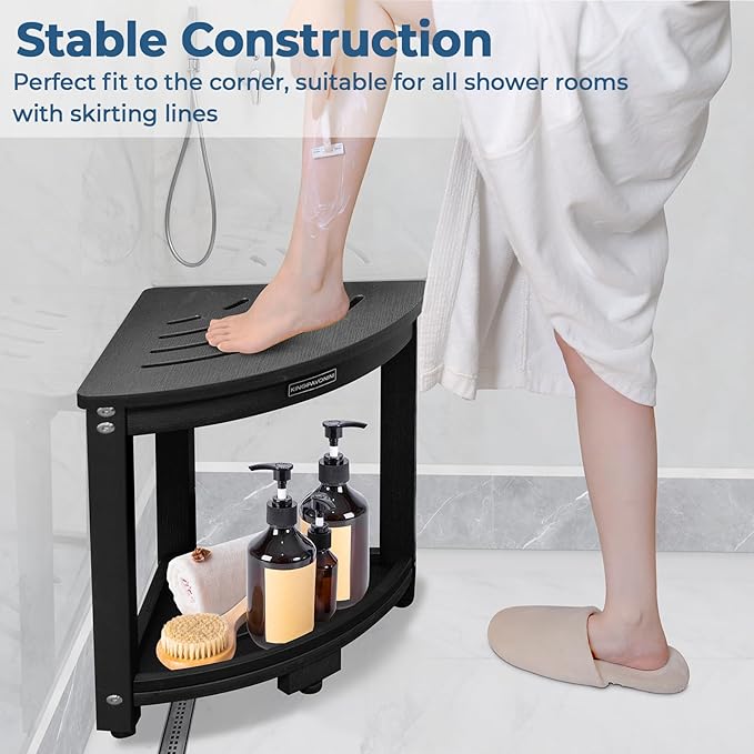 KingPavonini HDPS Corner Shower Stool for Inside Shower, Waterproof Shower Bench, Anti-Fracture & Anti-Fading Shower Seat with Storage Shelf, Rapid Assembly, Load 400 Pounds