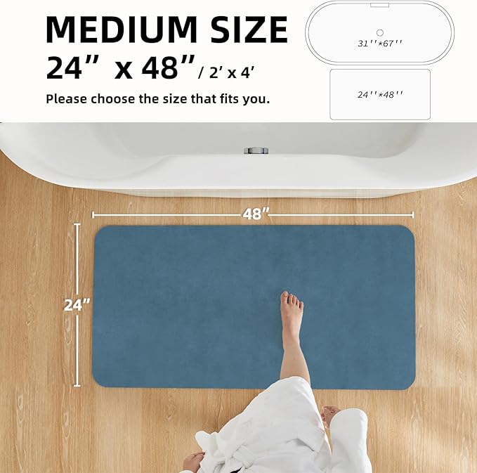 TYUU Bathroom Mat Quick Dry, Bathroom Rugs Non Slip Washable Thin Absorbent Bath Mat Fits Under Door Bathroom Floor Mat Perfect for Bath, Shower, or Sink 24"x48" Denim Blue