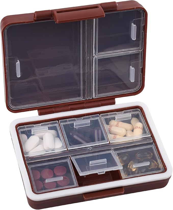 9-Grid Pill Organizer,Portable Pill Box,Large Capacity Compartments,Travel Pill Container,Medicine Dispenser,Pill Purse,Pill Case for Vitamins, Fish Oils or Supplements(Brown