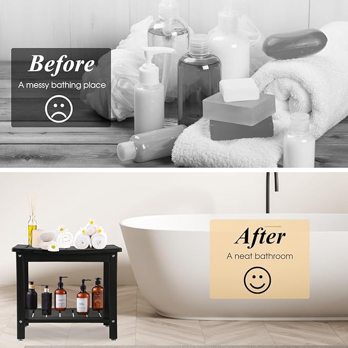 Apolimi HDPE Shower Bench, Shower Stool with Storage Shelf 2-Tier Spa Stool for Inside Shower,Water Resistant & Non-Slip Design Shower Seat (Black L Size)