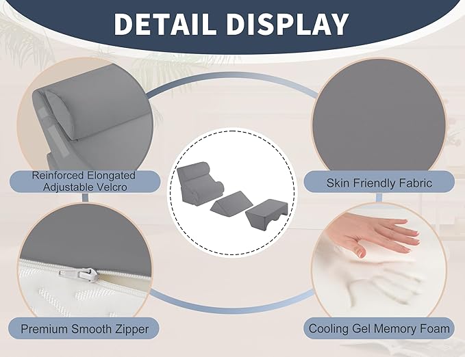 WSOFRLAC 6PCS Multi-Functional Bed Wedge Pillow Kit - 7-in-1 Orthopedic Support for Back/Neck/Legs, Post Surgery Recovery & Sitting Up in Bed, Post Surgery Foam for Body, Grey