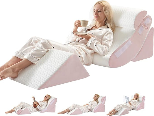 WSOFRLAC 4PC Geriatric Wedge Pillow System - Elderly Bed Wedges for Sitting/Sleeping, Post Surgery Body Positioner with Non-Slip Base (Ideal for Seniors & Pregnancy), White Pink