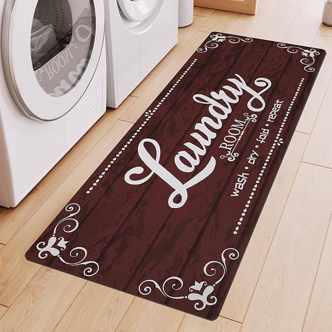 XLHOMO Laundry Room Rug Runner, 17.7"x45" Non Slip Burgundy Red Laundry Rugs, Farmhouse Washable Floor Laundry Mats for Laundry Room, Mudroom, Kitchen, Washroom, Bathroom, Hallway Entryway Rugs Decor