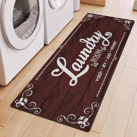 XLHOMO Laundry Room Rug Runner, 17.7"x45" Non Slip Burgundy Red Laundry Rugs, Farmhouse Washable Floor Laundry Mats for Laundry Room, Mudroom, Kitchen, Washroom, Bathroom, Hallway Entryway Rugs Decor