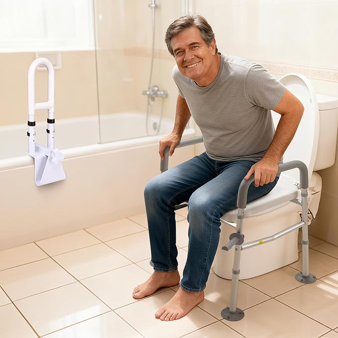 Yescom Raised Toilet Seat and Bathtub Grab Bar Kit for Seniors Disabled Safety Adjustable Height