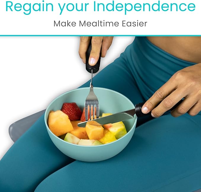 Vive Adaptive Utensil Set - Arthritis Aid Silverware for Parkinsons, Hand Tremors - Easy Grip for Shaking and Trembling Hands - Heavy Stainless Steel Spoon (Bendable)
