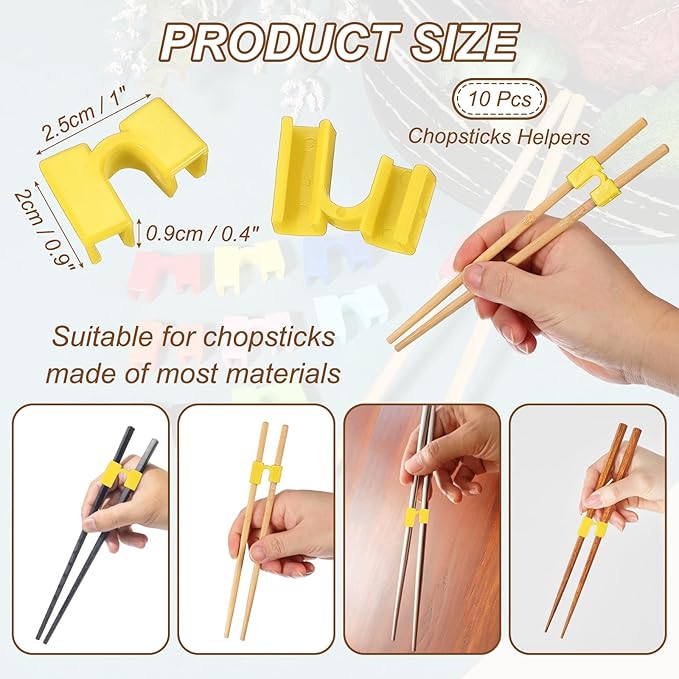 uxcell 10 Pcs Chopsticks Helper, Reusable Training Chopstick Hinges Connector Practice Chop Sticks Helpers for Adult Beginners Learners, Yellow