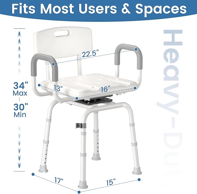 Swivel Shower Chair with Removable Back and Arms, Shower Chair for Inside Shower & Bathroom Seat, 5-Level Height Adjustable Shower Chair for Elderly and Disabled, Gray