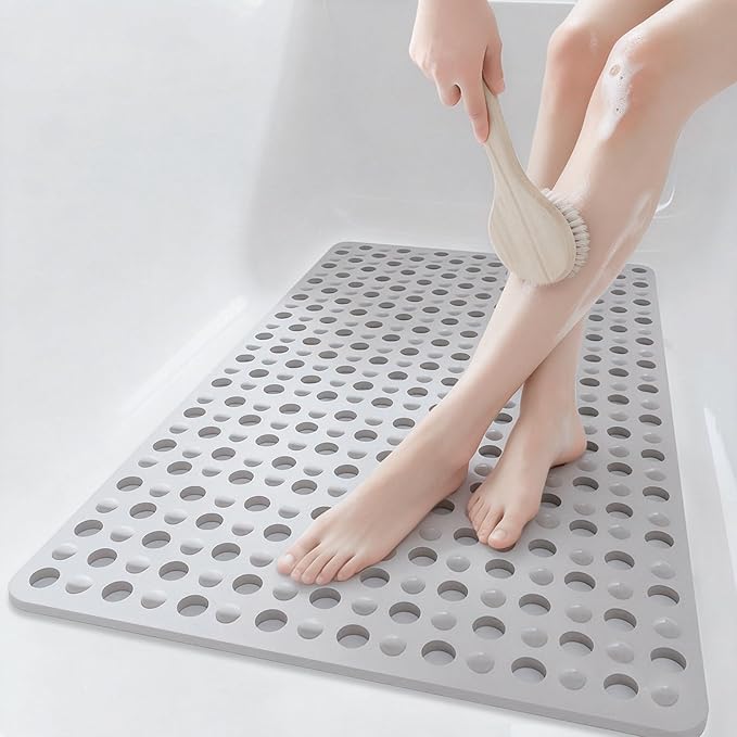 Tiamo Non Slip Large Shower Mats for Inside Shower 20.87" x 33.86",TPE Bath Mat for Outside Shower,Extra Large Bathtub Mat with Suction Cups and Big Drain Holes,Grey