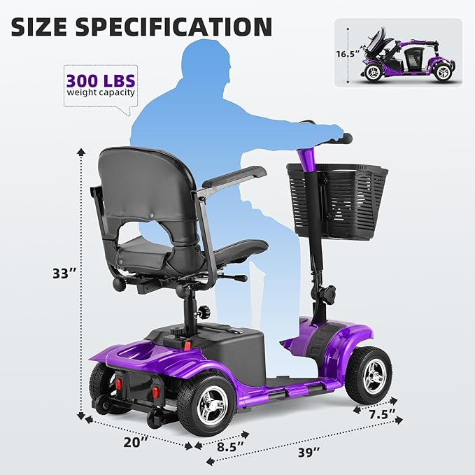 Arshin Mobility Scooter, Electric Foldable Mobility Scooter 300lbs Capacity with Detachable Battery, 15-Miles Powered Mobility Scooters for Seniors & Adults with USB Port, Charger Included (Purple)